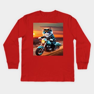 Cat with glasses riding a motorbike sunset Kids Long Sleeve T-Shirt